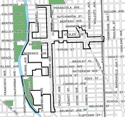 Western Avenue South TIF district, roughly bounded on the north by Montrose Avenue, Belmont Avenue on the south, Ravenswood Avenue on the east, and the North Branch of the Chicago River on the west.